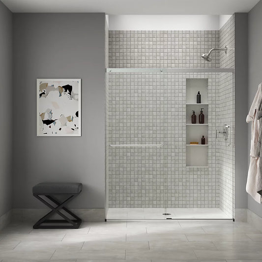 Kohler Elate® Sliding shower door (56.3" - 59.6" W x 70.5" H) with 1/4" (6mm) thick Crystal Clear glass in Bright Silver