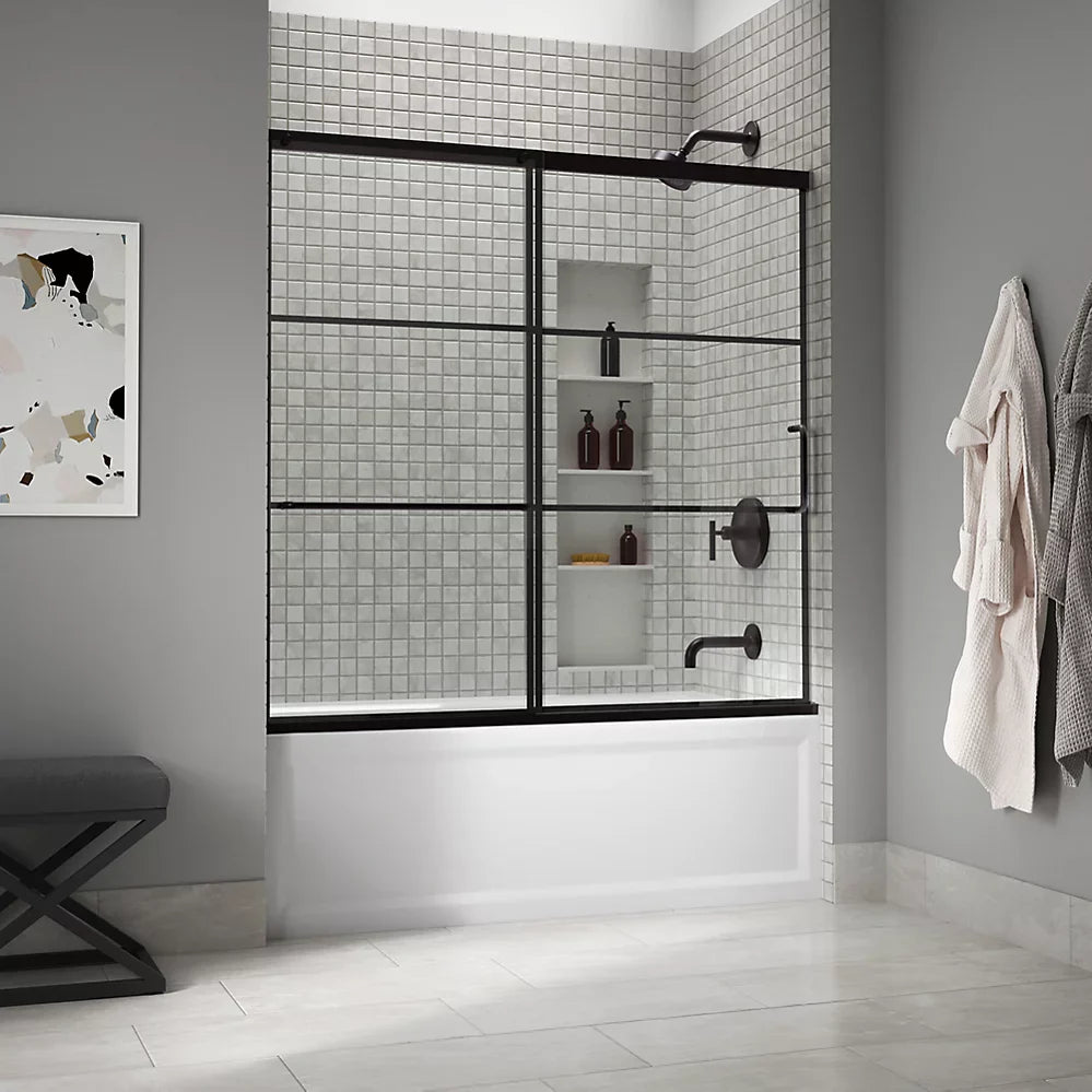 Kohler Elate® Sliding Bath door (56.3" - 59.6" W x 56.8" H) with 1/4" (6mm) thick glass with Rectangular Grille Pattern in Matte Black