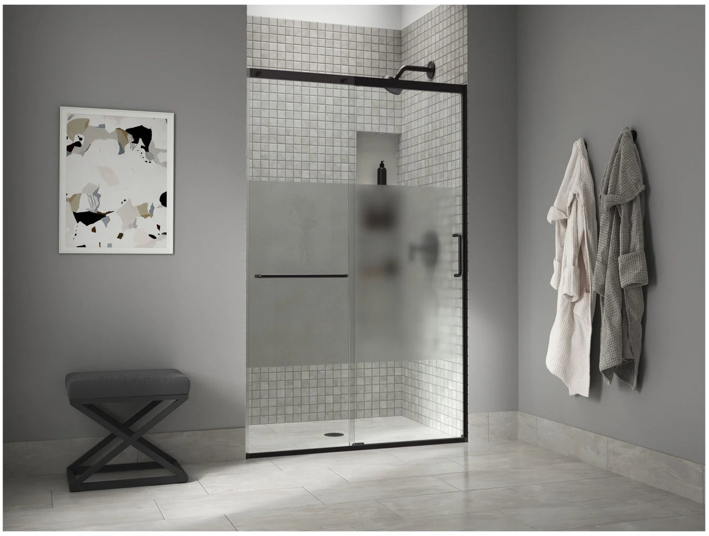 Kohler Elate® Sliding shower door (44.3" - 47.6" W x 75.5" H) with heavy 5/16" (8mm) thick Crystal Clear glass with privacy band