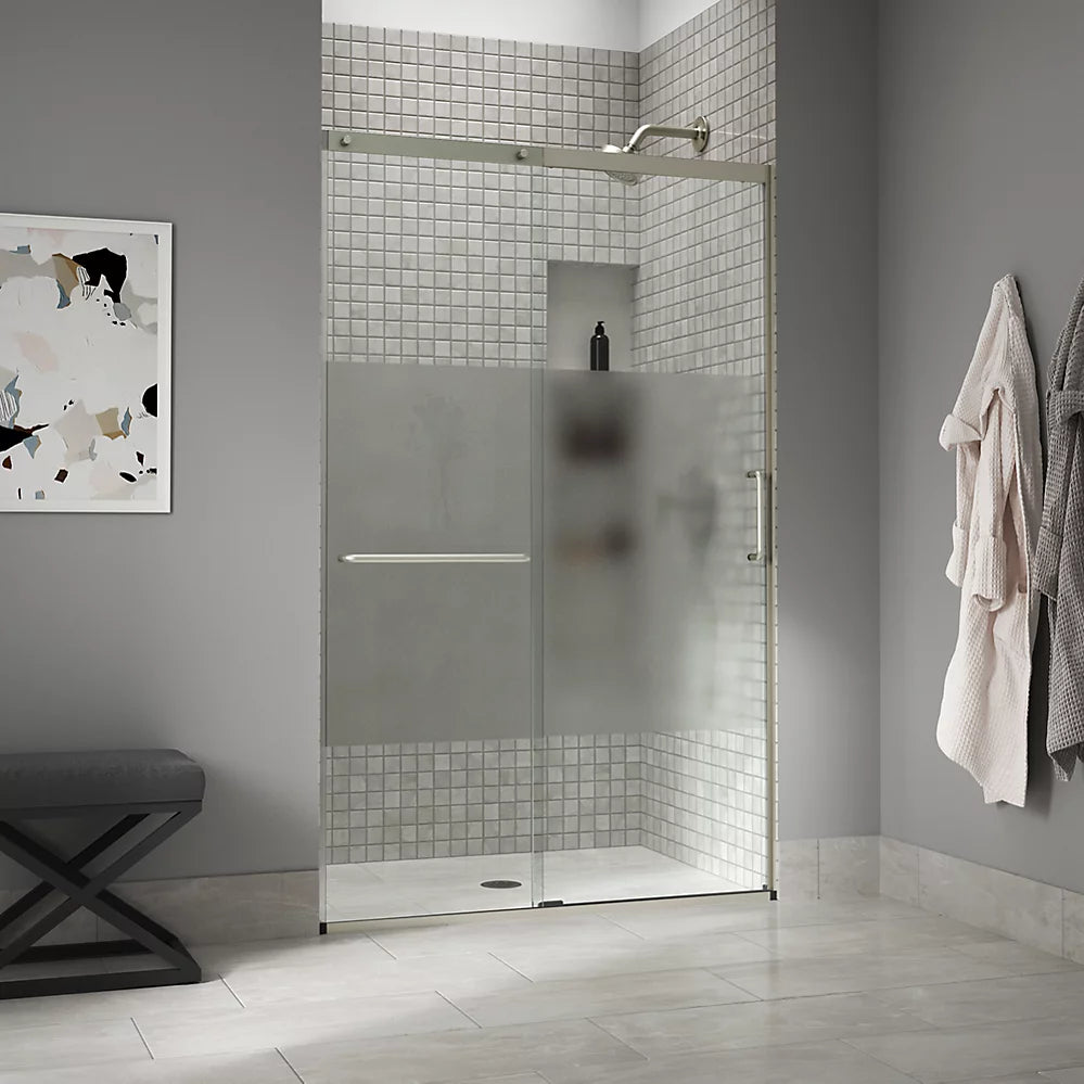 Kohler Elate® Sliding shower door (44.3" - 47.6" W x 75.5" H) with heavy 5/16" (8mm) thick Crystal Clear glass with privacy band