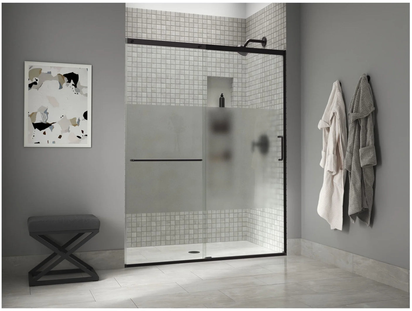 Kohler Elate® Sliding shower door (50.3" - 53.6" W x 75.5" H) with heavy 5/16" (8mm) thick Crystal Clear glass with privacy band