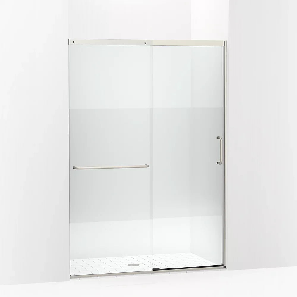 Kohler Elate® Sliding shower door (50.3" - 53.6" W x 75.5" H) with heavy 5/16" (8mm) thick Crystal Clear glass with privacy band