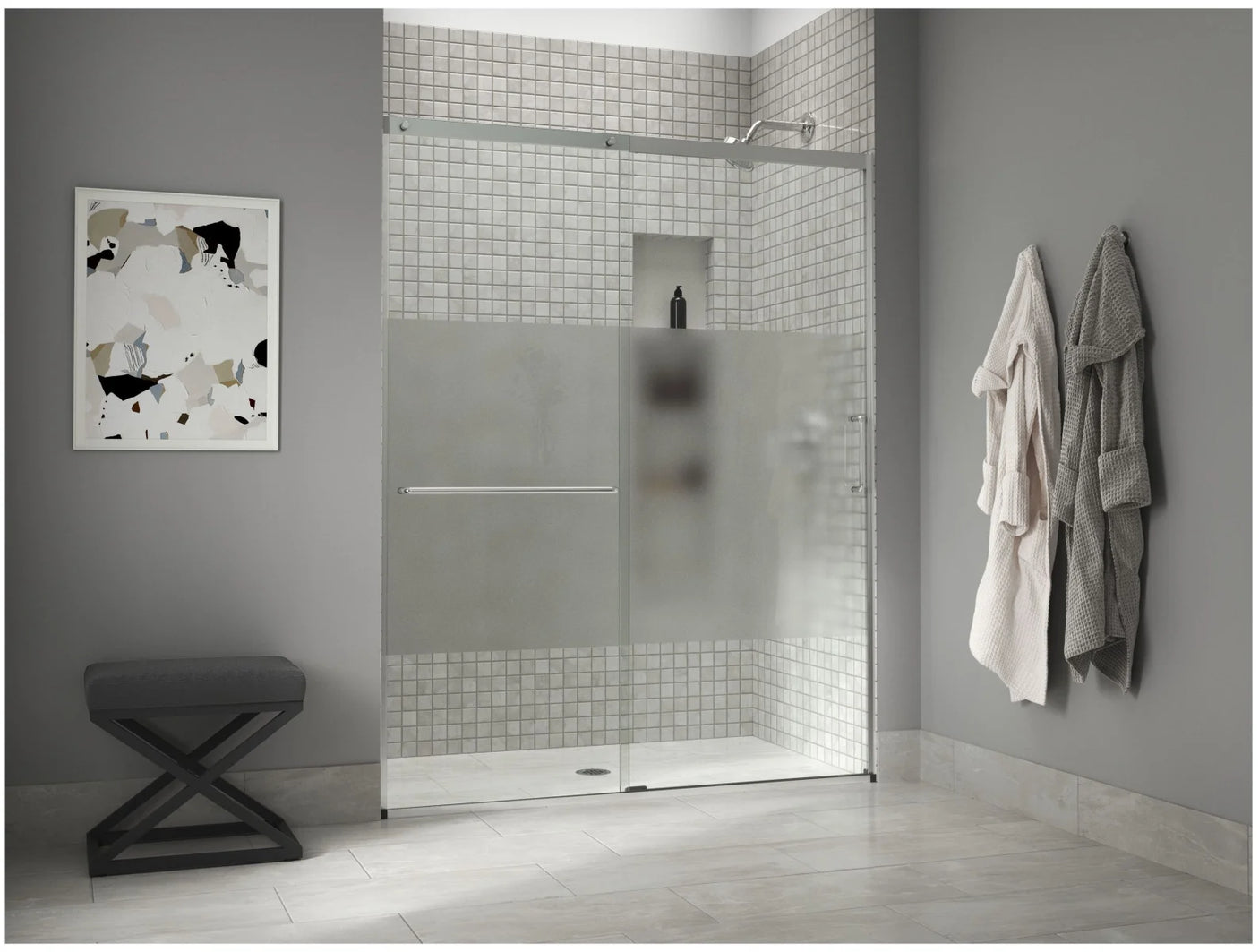 Kohler Elate® Sliding Bath door (56.3" - 59.6" W x 56.8" H) with heavy 5/16" (8mm) thick Crystal Clear glass with Privacy Band