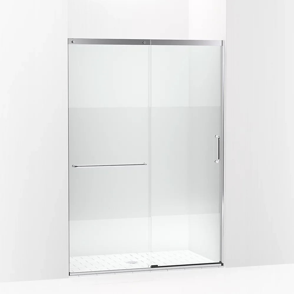 Kohler Elate® Sliding shower door (50.3" - 53.6" W x 75.5" H) with heavy 5/16" (8mm) thick Crystal Clear glass with privacy band in Bright Silver