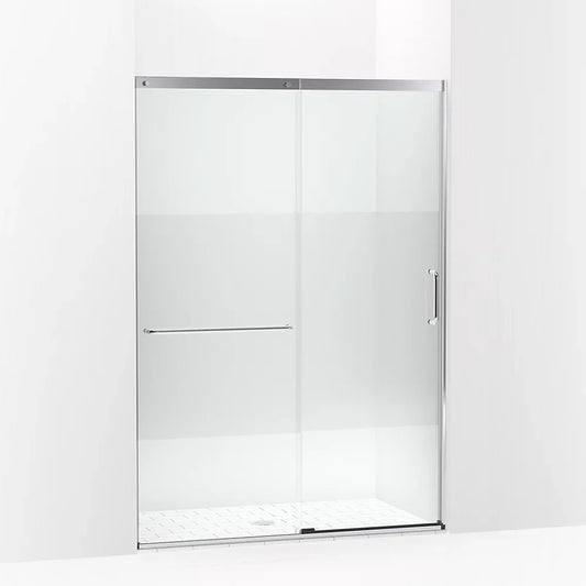 Kohler Elate® Sliding shower door (50.3" - 53.6" W x 75.5" H) with heavy 5/16" (8mm) thick Crystal Clear glass with privacy band in Bright Silver