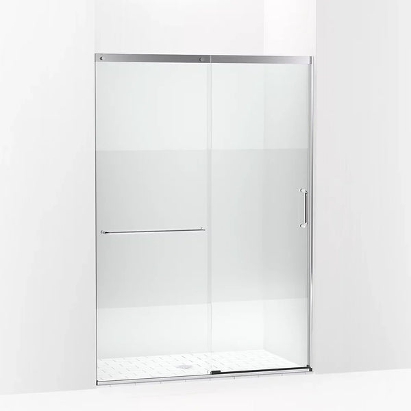 Kohler Elate® Sliding shower door (50.3 - 53.6 W x 75.5 H) with heavy 5/16 (8mm) thick Crystal Clear glass with privacy band in Bright Silver