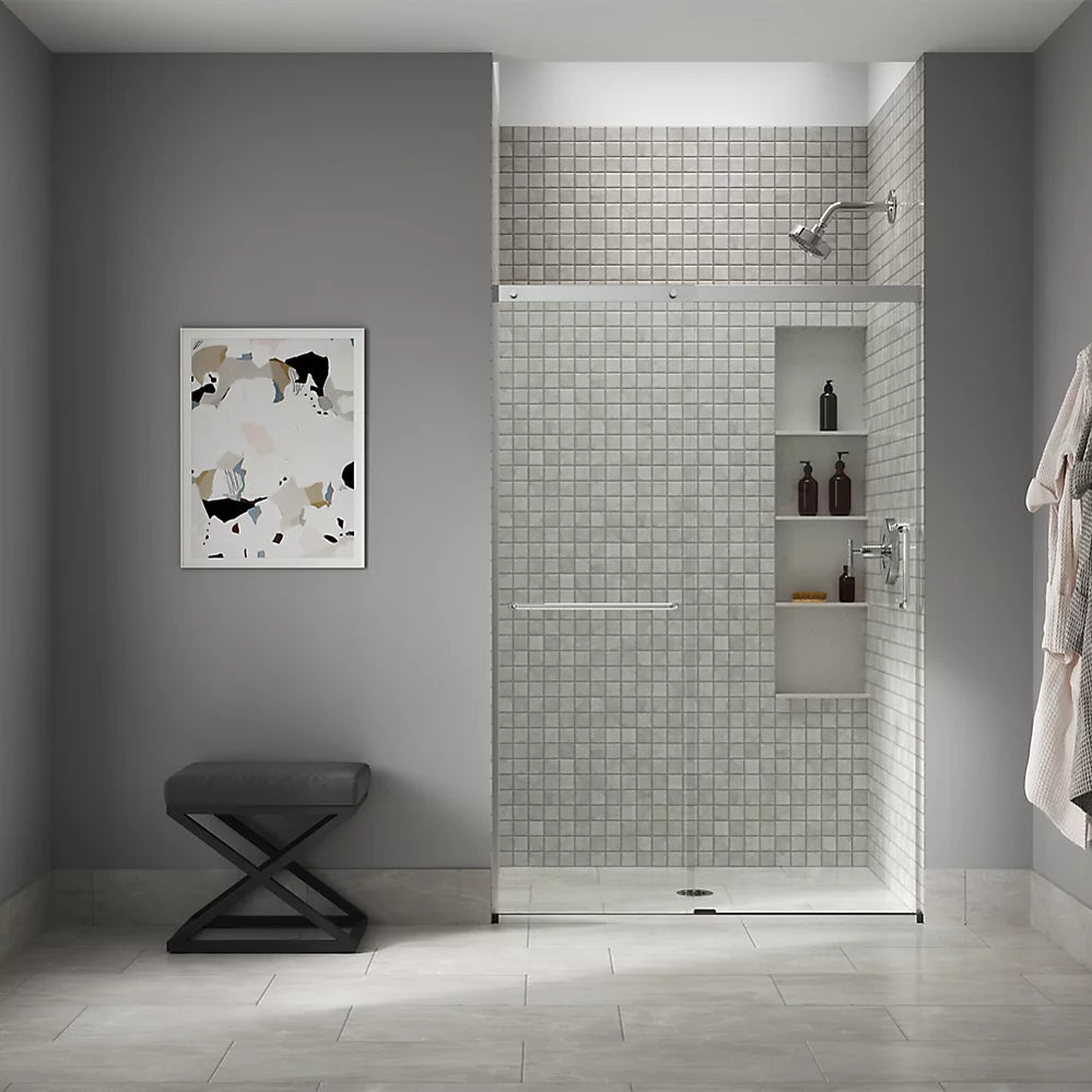 Kohler Elate® Sliding shower door (50.3" - 53.6" W x 75.5" H) with heavy 5/16" (8mm) thick Crystal Clear glass in Matte Nickel