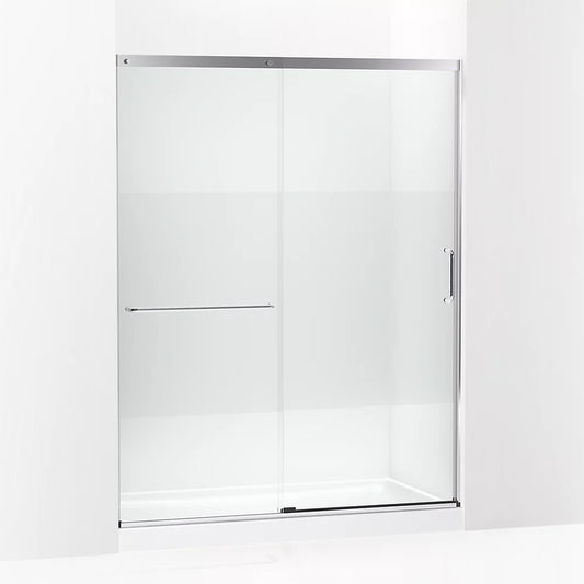 Kohler Elate® Sliding shower door (56.3" - 59.6" W x 75.5" H) with heavy 5/16" (8mm) thick Crystal Clear glass with privacy band in Bright Silver