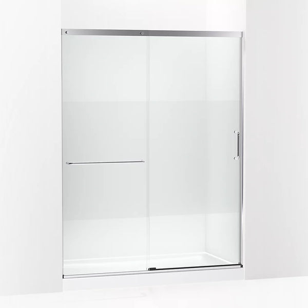 Kohler Elate® Sliding shower door (56.3 - 59.6 W x 75.5 H) with heavy 5/16 (8mm) thick Crystal Clear glass with privacy band in Bright Silver