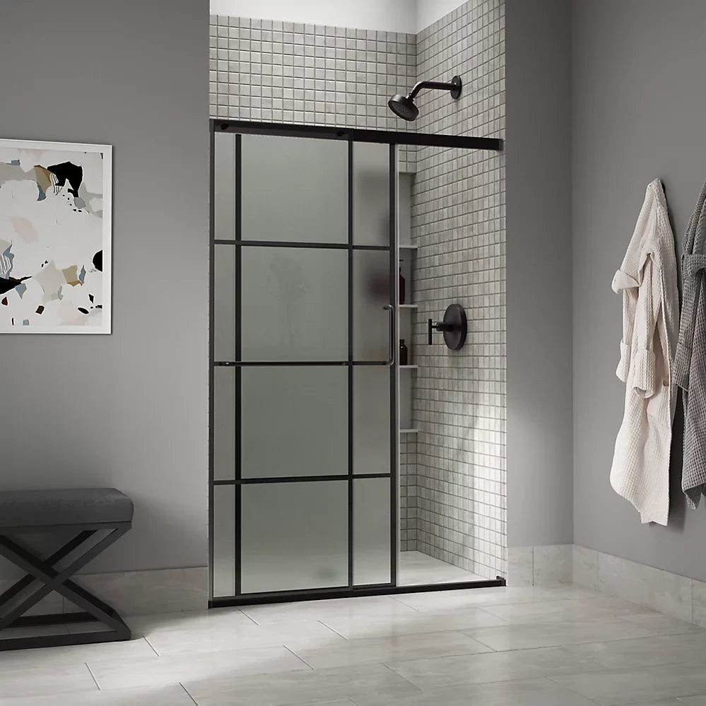 Kohler Elate® Sliding shower door (62.3" - 65.6" W x 75.5" H) with heavy 5/16" (8mm) thick glass with Rectangular Grille Pattern in Matte Black