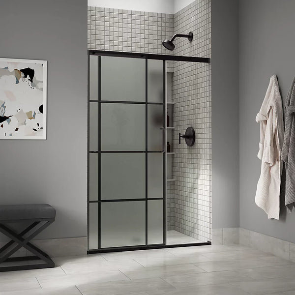 Kohler Elate® Sliding shower door (62.3 - 65.6 W x 75.5 H) with heavy 5/16 (8mm) thick Frosted glass with Rectangular Grille Pattern in Matte Black