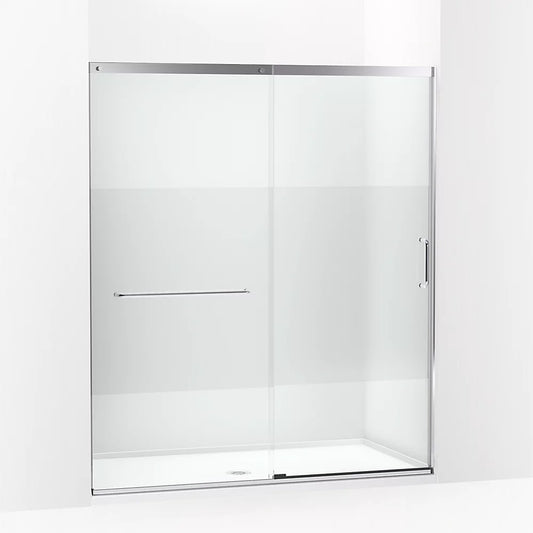 Kohler Elate® Sliding shower door (62.3" - 65.6" W x 75.5" H) with heavy 5/16" (8mm) thick Crystal Clear glass with Privacy Band in Bright Silver