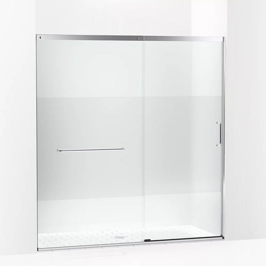 Kohler Elate® Sliding shower door (68.3" - 71.6 " W x 75.5" H) with heavy 5/16" (8mm) thick Crystal Clear glass with Privacy Band in Bright Silver