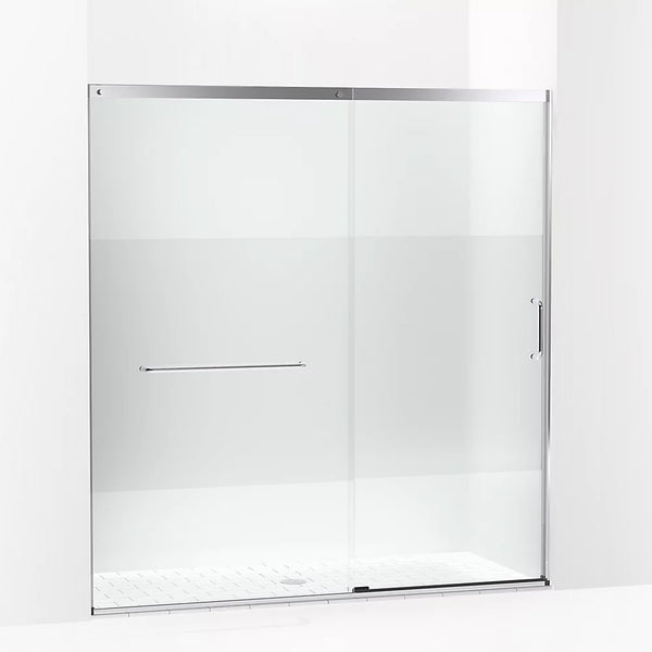 Kohler Elate® Sliding shower door (68.3 - 71.6  W x 75.5 H) with heavy 5/16 (8mm) thick Crystal Clear glass with Privacy Band in Bright Silver