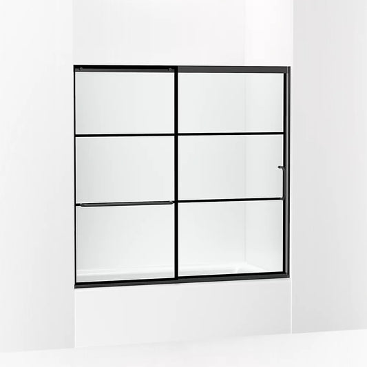 Kohler Elate® Sliding Bath door (56.3" - 59.6" W x 56.8" H) with heavy 5/16" (8mm) thick Crystal Clear glass with Rectangular Grille Pattern in Matte Black