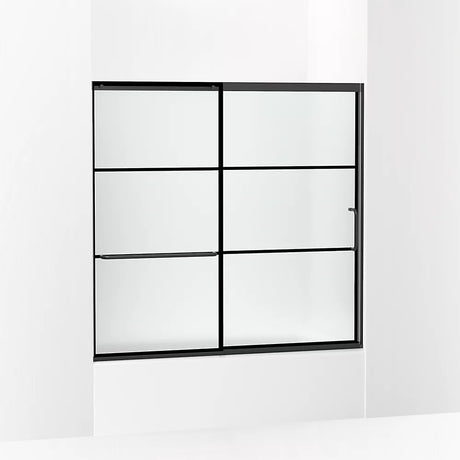 Kohler Elate® Sliding Bath door (56.3" - 59.6" W x 56.8" H) with heavy 5/16" (8mm) thick glass with Rectangular Grille Pattern in Matte Black