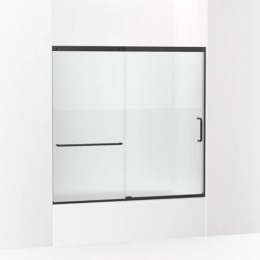 Kohler Elate® Sliding bath door (56.3" - 59.6" W x 56.8" H) with heavy 5/16" (8mm) thick Crystal Clear glass with privacy band in Matte Black