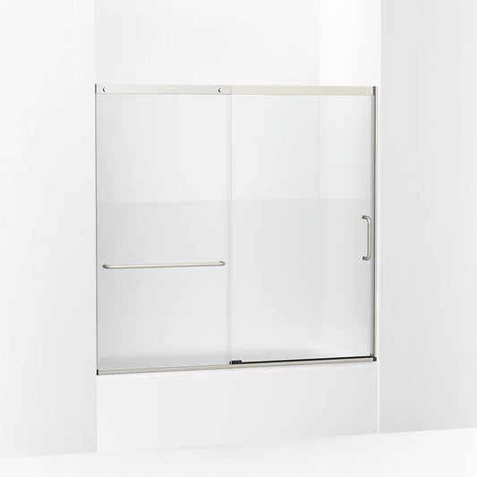 Kohler Elate® Sliding bath door (56.3" - 59.6" W x 56.8" H) with heavy 5/16" (8mm) thick Crystal Clear glass with privacy band in Matte Nickel