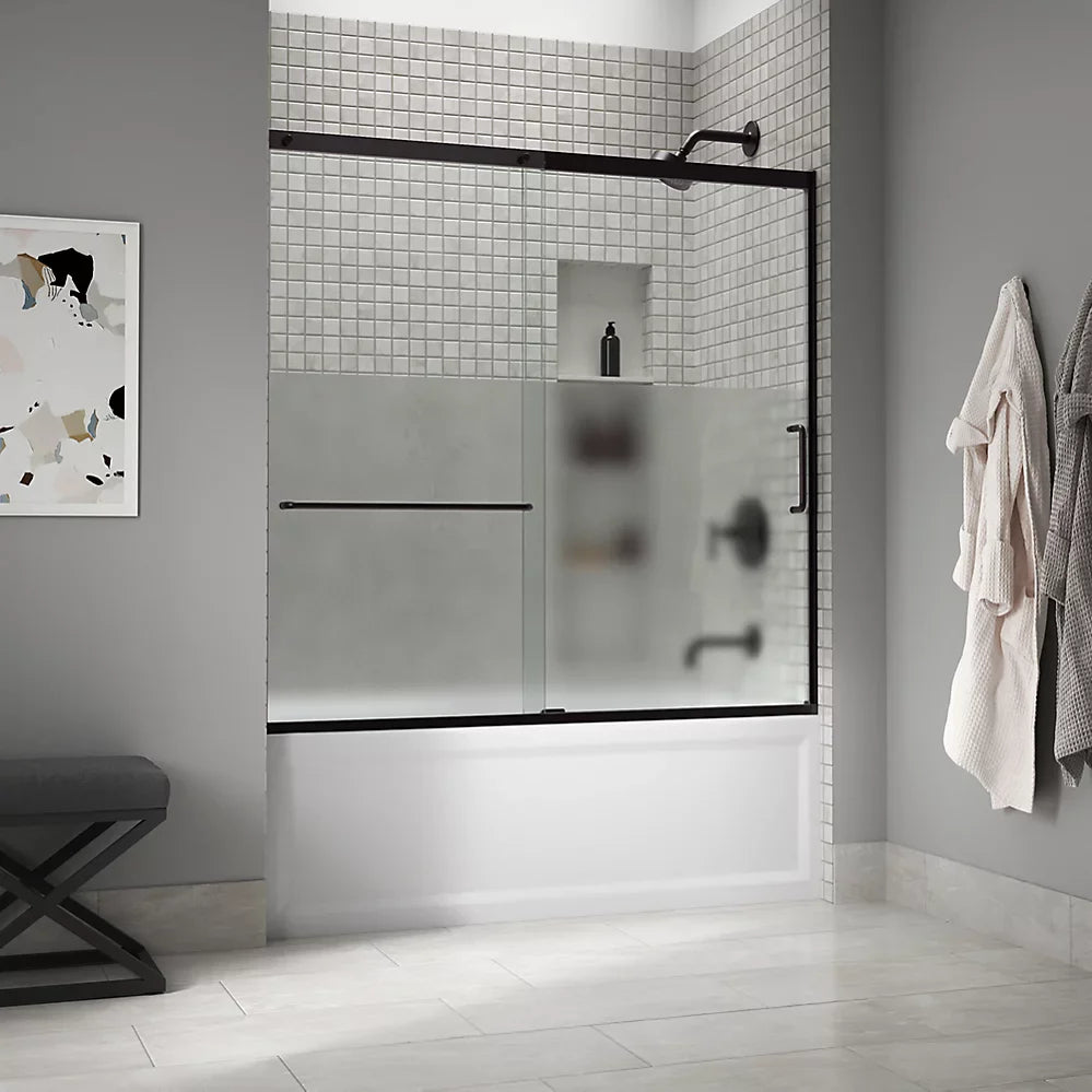 Kohler Elate® Sliding Bath door (56.3" - 59.6" W x 56.8" H) with heavy 5/16" (8mm) thick Crystal Clear glass with Privacy Band in Matte Nickel