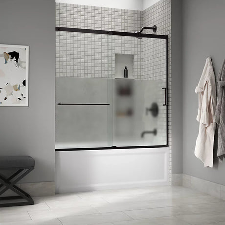 Kohler Elate® Sliding Bath door (56.3" - 59.6" W x 56.8" H) with heavy 5/16" (8mm) thick Crystal Clear glass with Privacy Band in Matte Nickel