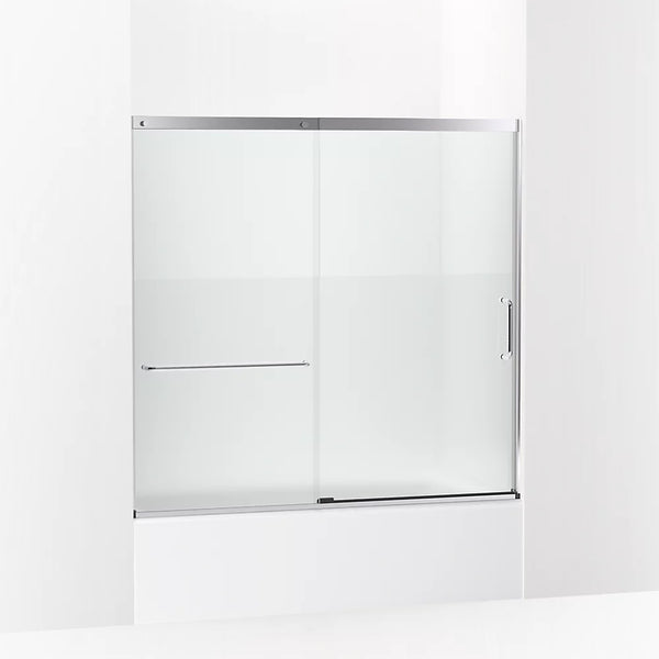 Kohler Elate® Sliding bath door (56.3 - 59.6 W x 56.8 H) with heavy 5/16 (8mm) thick Crystal Clear glass with privacy band in Bright Silver