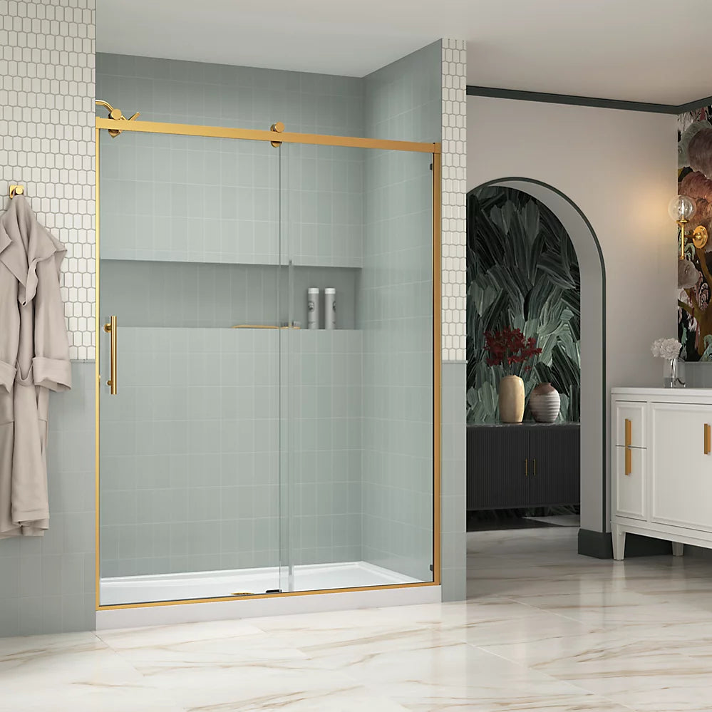 Kohler Rely® (56.6" - 59.6" W x 77" H) Sliding shower door with 3/8" (10mm) thick glass in Vibrant Brushed Moderne Brass