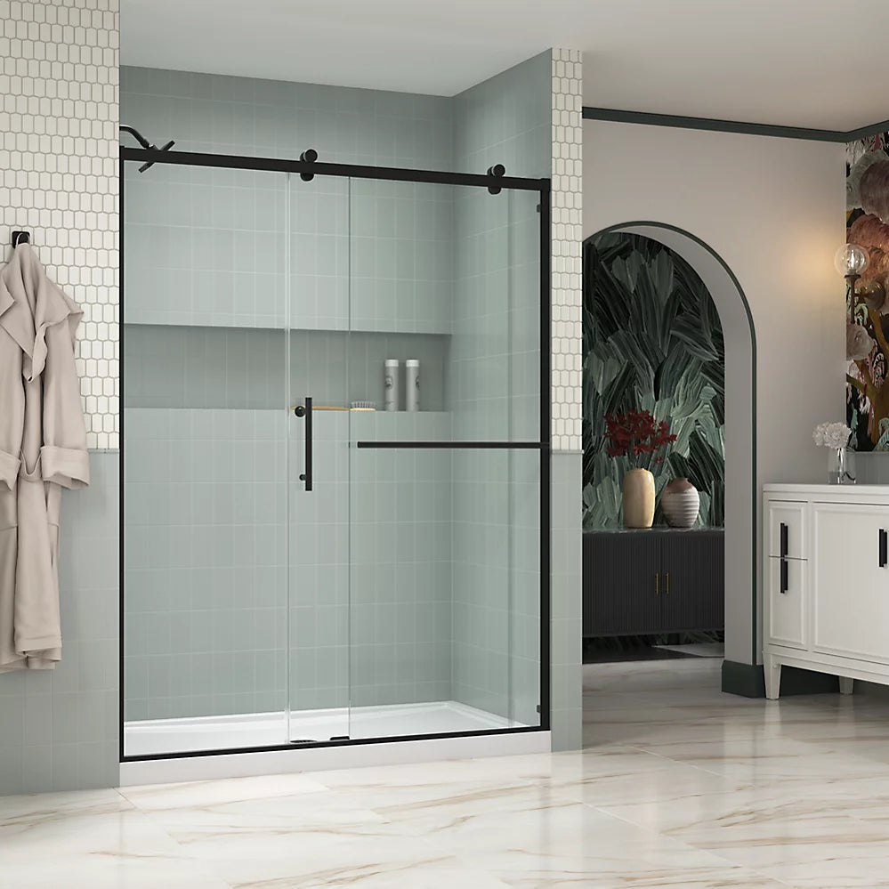 Kohler Rely® (56.6" - 59.6" W x 77" H) Sliding shower door with 3/8" (10mm) thick glass in Vibrant Brushed Moderne Brass