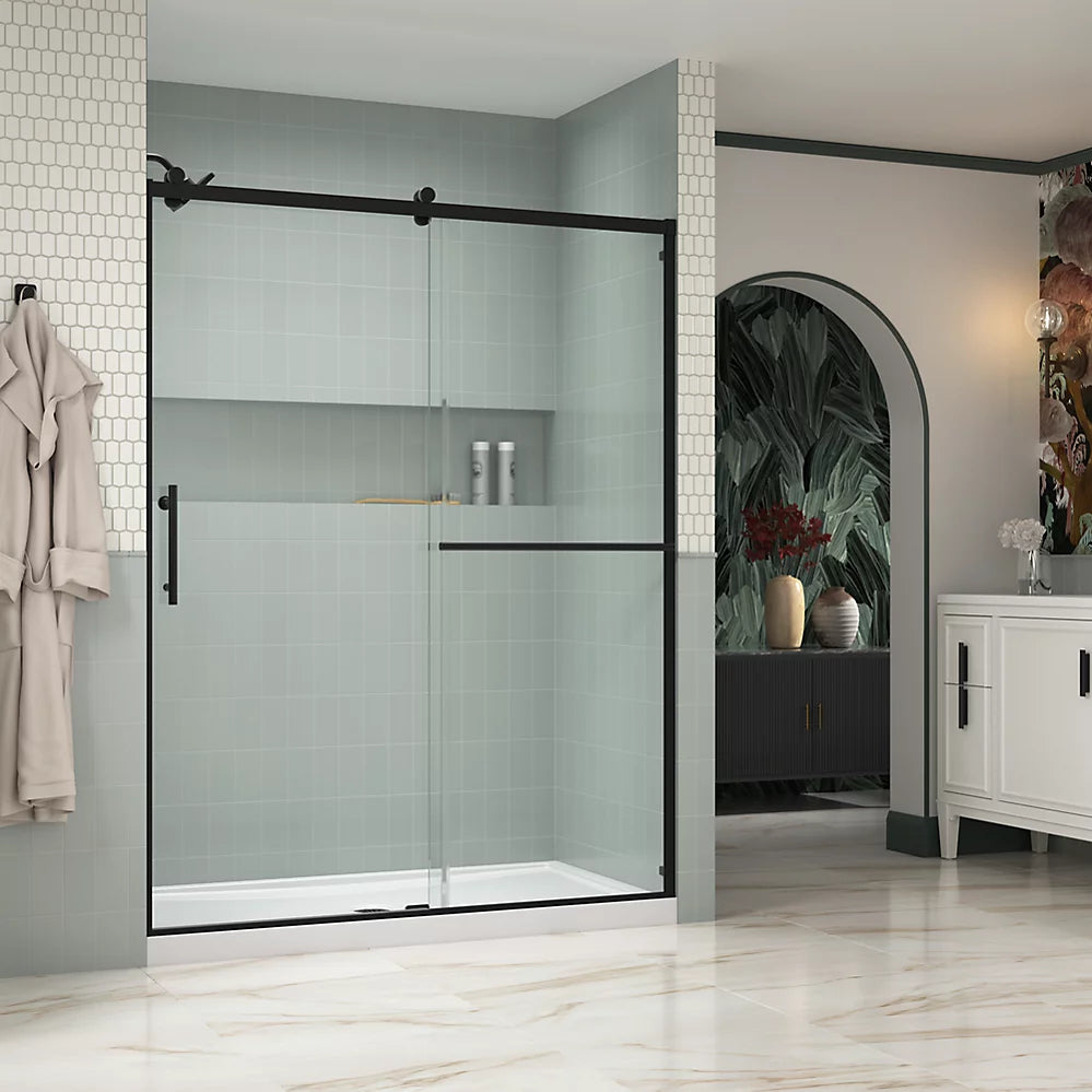 Kohler Rely® (56.6" - 59.6" W x 77" H) Sliding shower door with 3/8" (10mm) thick glass in Vibrant Brushed Moderne Brass