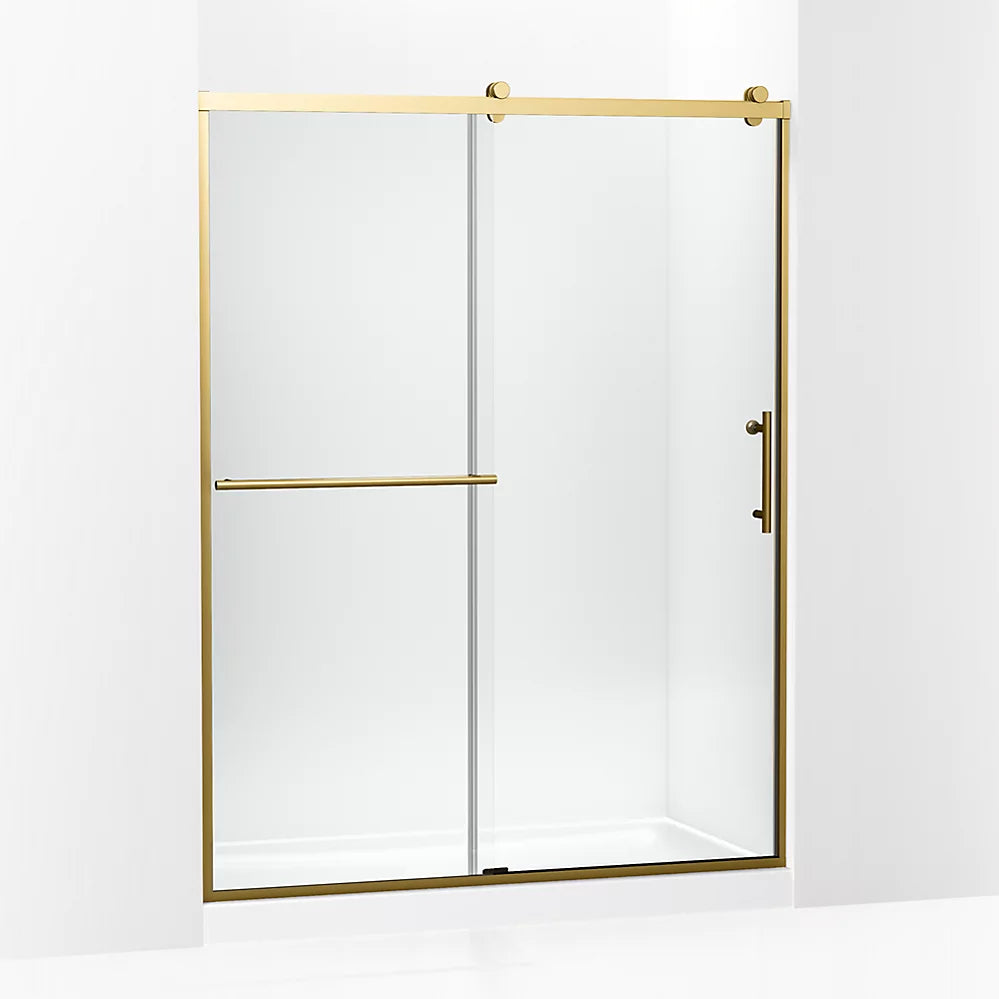 Kohler Rely® (56.6" - 59.6" W x 77" H) Sliding shower door with 3/8" (10mm) thick glass in Vibrant Brushed Moderne Brass