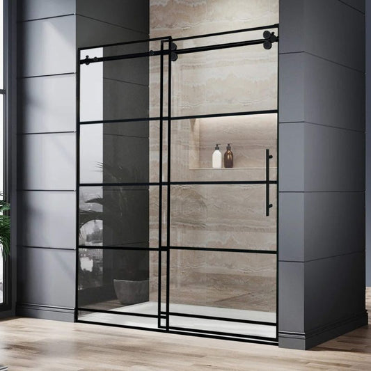 Fab Glass & Mirror Marcella (56"- 60"W X 76"H) Marcella Single Sliding Matte Black Grid Shower Door