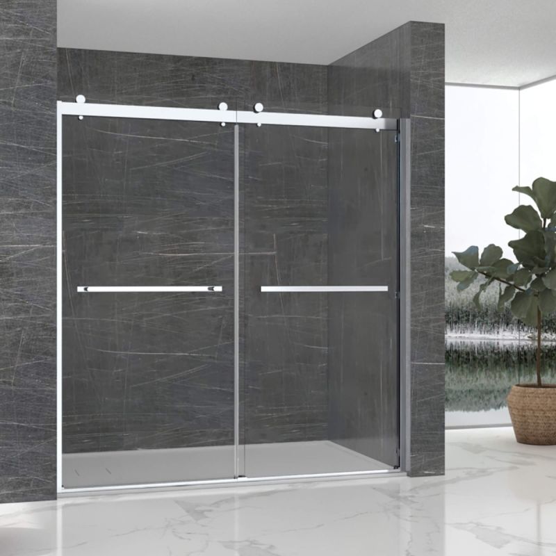 Fab Glass & Mirror Portofino Frameless (56"- 60"W x 74"H) Clear Tempered Glass Double Sliding Shower Door - Chrome Finish