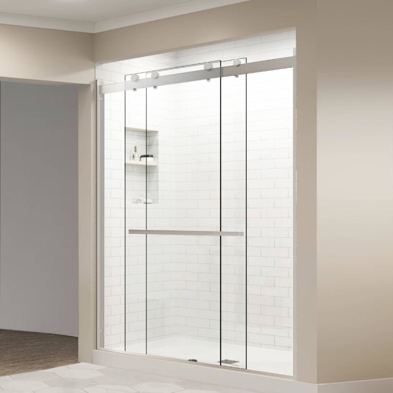 Fab Glass & Mirror Portofino Frameless (56"- 60"W x 74"H) Clear Tempered Glass Double Sliding Shower Door - Chrome Finish