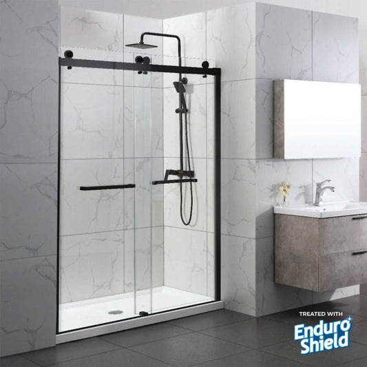 Fab Glass & Mirror Portofino Frameless (44"-48"W x 74"H) Clear Tempered Glass Double Sliding Shower Door - Matte Black Finish