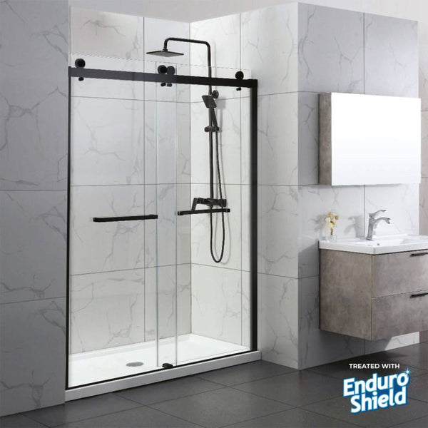 Fab Glass & Mirror Portofino Frameless (44-48W x 74H) Clear Tempered Glass Double Sliding Shower Door - Matte Black Finish