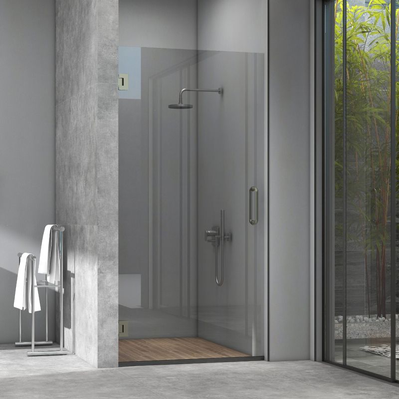 Fab Glass & Mirror Ravello Frameless Inch Clear with Stain Resistant Coating Tempered Glass (28"W x 72"H) Single Swing Shower Door - Brushed Nickel Finish