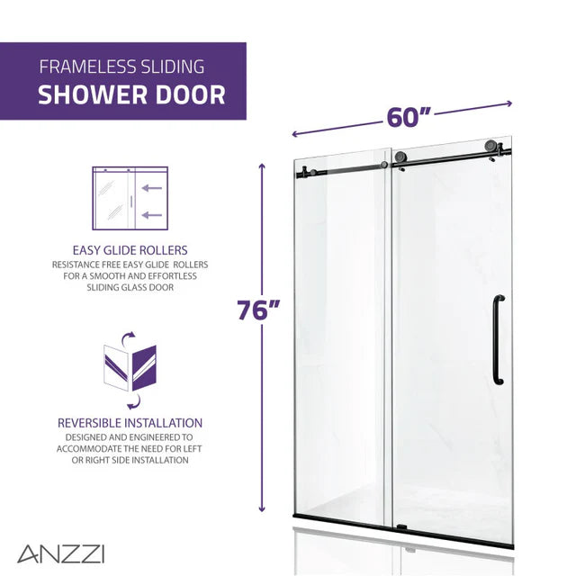 Anzzi Madam Series Frameless Sliding Shower Door (60" W x 76" H) with Handle