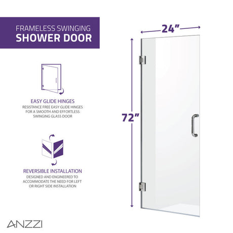 ANZZI Passion Series (24"W x 72"H) Frameless Hinged Shower door with Handle