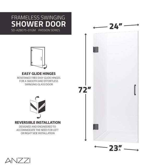 ANZZI Passion Series (24"W x 72"H) Frameless Hinged Shower door with Handle