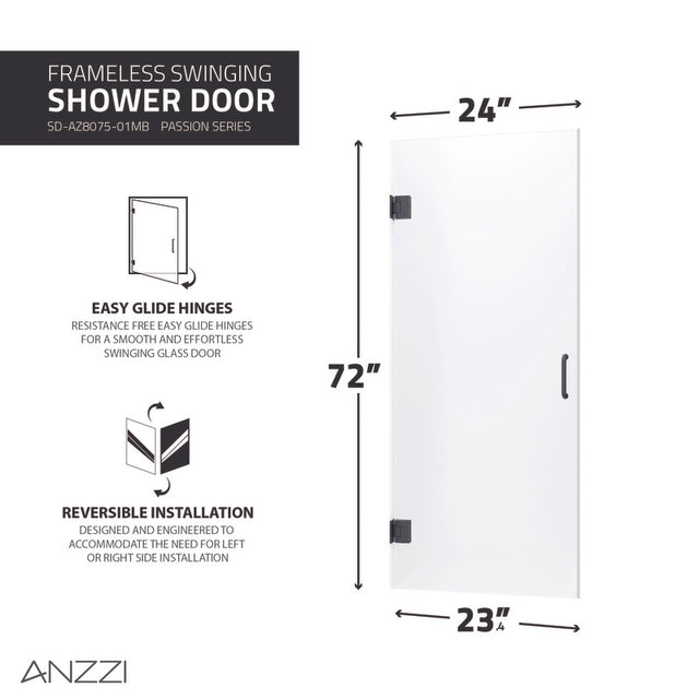 Anzzi Passion Series Frameless (24"W x 72"H) Hinged Shower Door in Matte Black with Frosted Glass and Handle