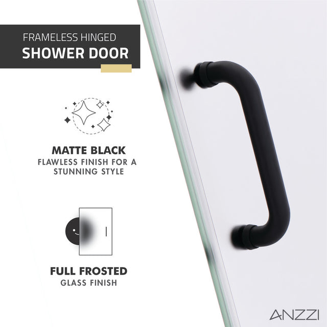 Anzzi Passion Series Frameless (24"W x 72"H) Hinged Shower Door in Matte Black with Frosted Glass and Handle