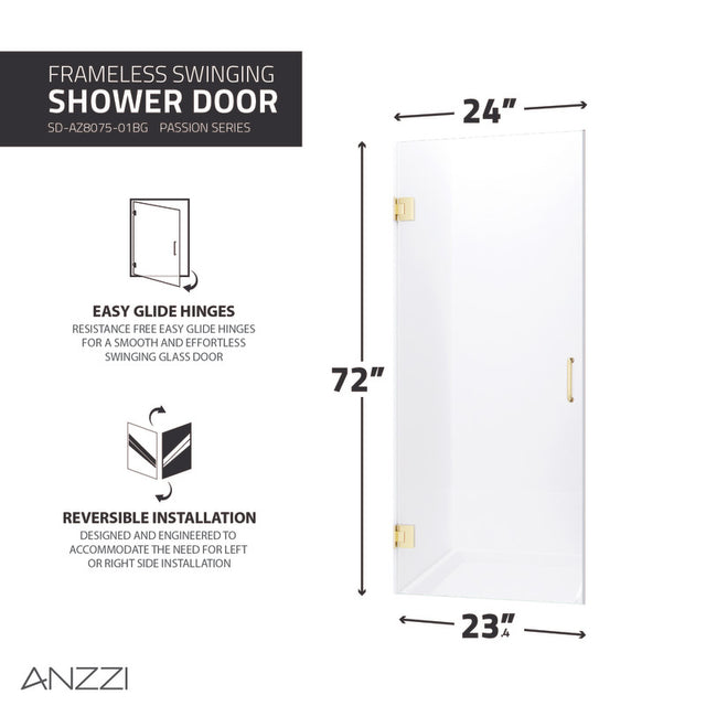 ANZZI Passion Series (30"W x 72"H) Frameless Hinged Shower Door with Handle