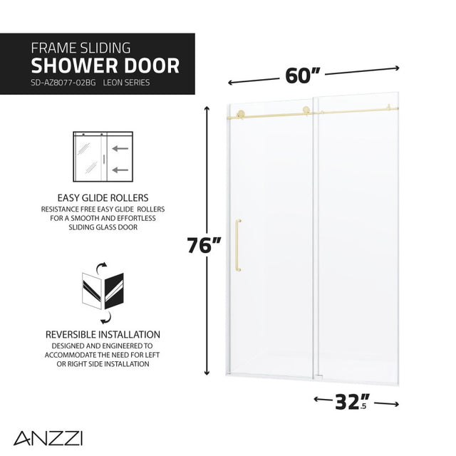 Anzzi Leon Series Frameless Sliding Shower Door (60" W x 76" H) with Handle