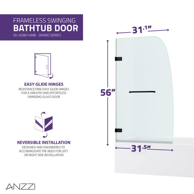 Anzzi Vensea Series Frameless Hinged (31.5"W x 56"H) Tub Door