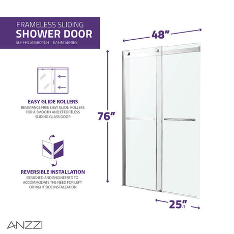 Anzzi Kahn Series Frameless Sliding Shower Door (48"W x 76"H) with Horizontal Handle