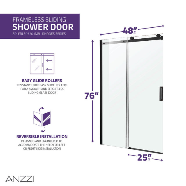 Anzzi Rhodes Series Frameless Sliding Shower Door (48" W x 76" H) with Handle