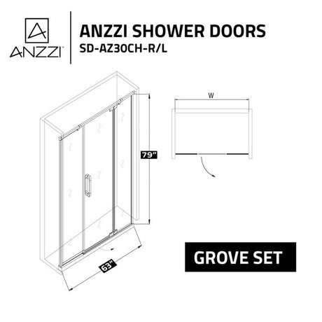 Anzzi Grove Series Left Side Semi-Frameless Hinged (63"W x 78.7"H) Shower Door in Chrome with Handle