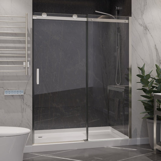Anzzi Rhodes Series Frameless Sliding (60"W x 76"H) Shower Door in Brushed Nickel with Handle