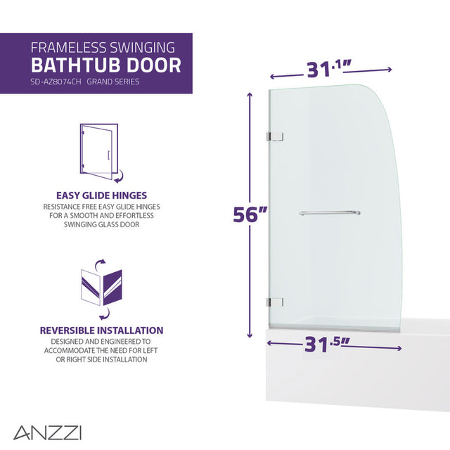 Anzzi Grand Series Frameless Hinged (31.5"W x 56"H) Tub Door