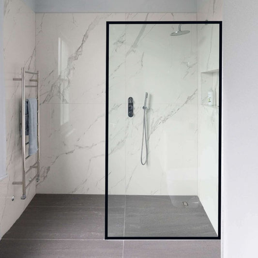 Fab Glass & Mirror Velvon (34"W X 74"H) Inch Framed Fixed Glass Shower Wall Panel - Matte Black