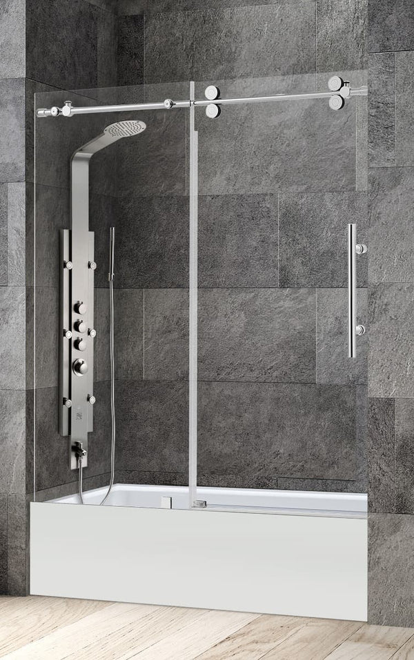 Ratel 4 WHEELS ROUND FRAMELESS 10MM THICK TEMPERED GLASS SHOWER DOOR ON BATHTUB 60W x 58H - Brushed Nickel